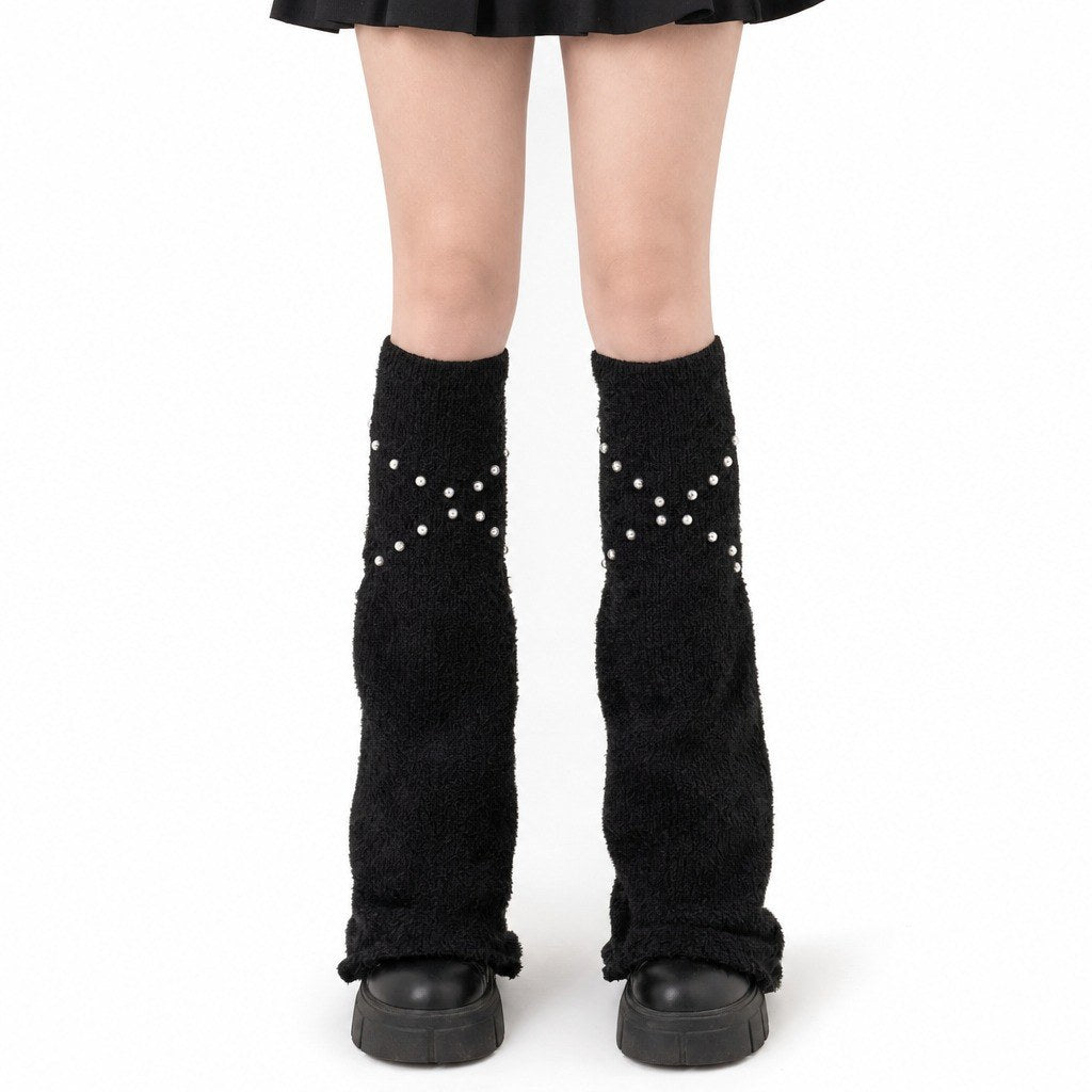 Fuzzy Knit Leg Warmers with Studded Straps - AltBrat