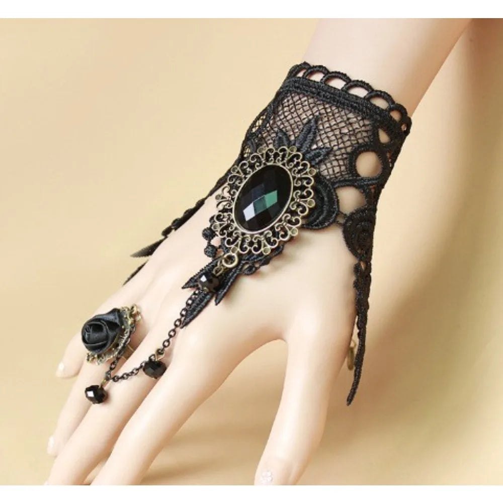 4pcs/set Gothic Punk Dark Style Black Color Teardrop Pendant Lace Bracelet Ring Set Women's Personalized Holiday Jewelry - AltBrat