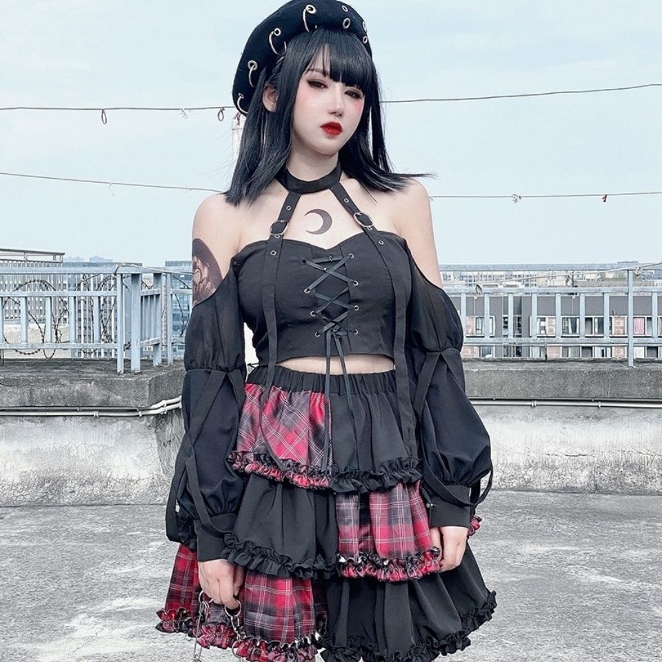 Red Grid Puff Skirt - Skirts detail view 5 | Cute Splikes