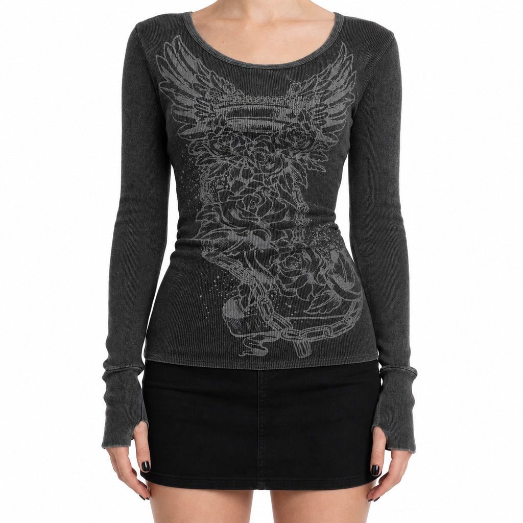 Winged Heart Skull Print Ribbed Long Sleeve Top - AltBrat