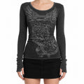 Winged Heart Skull Print Ribbed Long Sleeve Top - AltBrat
