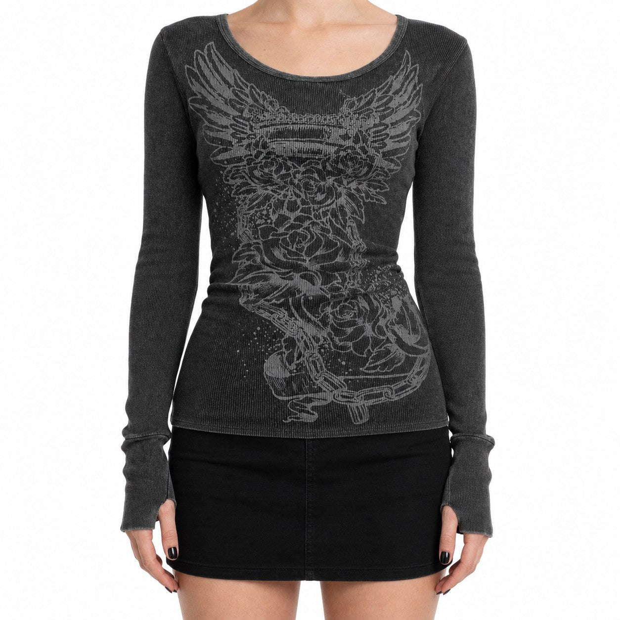 Winged Heart Skull Print Ribbed Long Sleeve Top - AltBrat