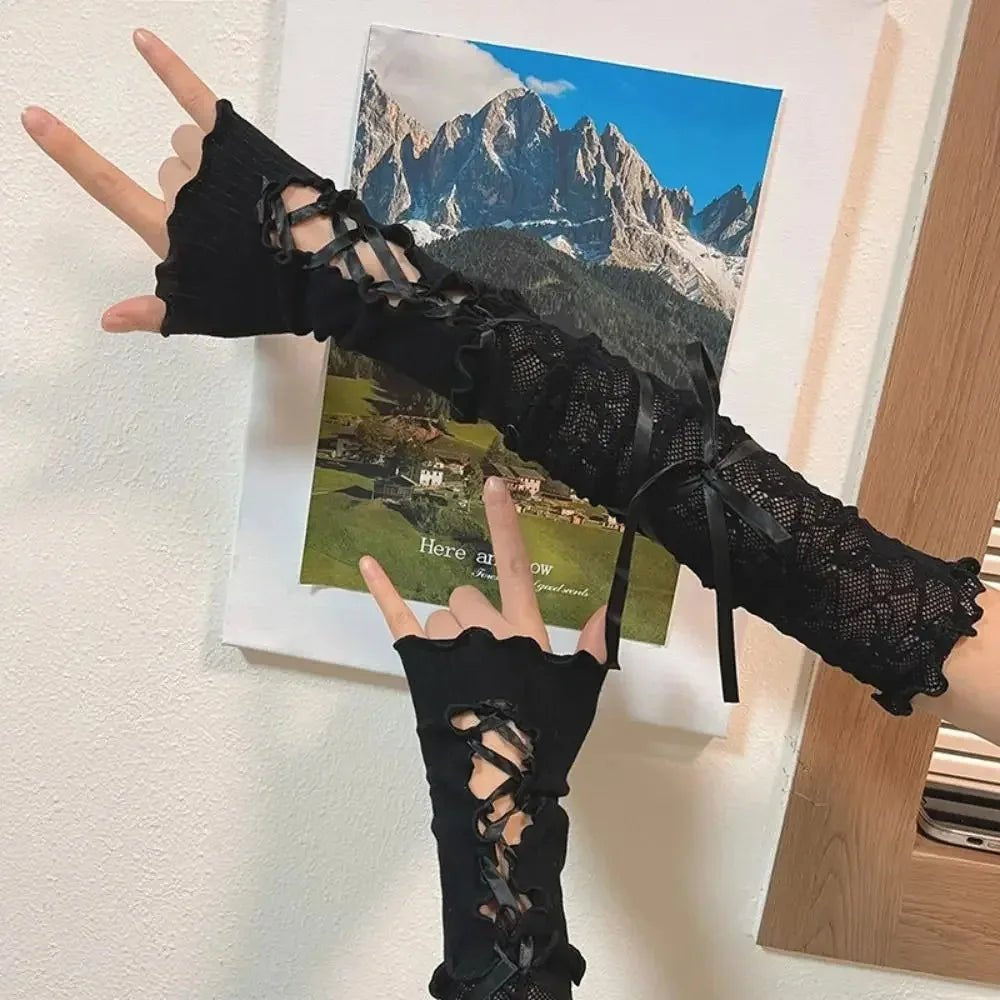Women Lace Fingerless Gloves Black Gothic DIY Strapping Sunscreen Sleeve Clothing Accessories Elastic Mesh Punk Gloves - AltBrat
