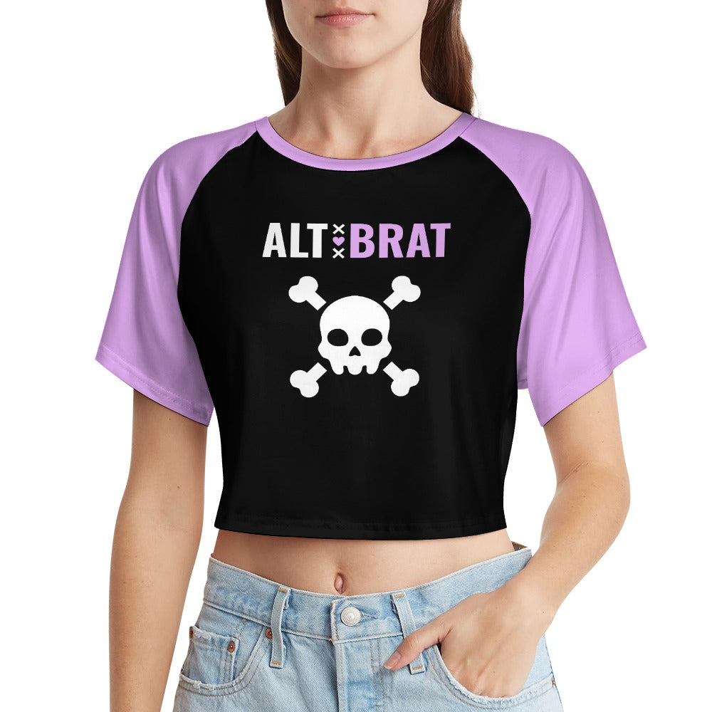 AltBrat skull print raglan crop tee, black and lilac