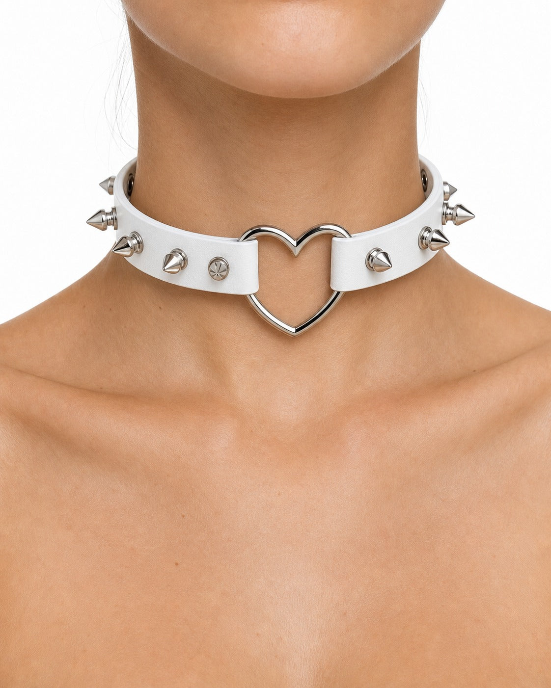 AltBrat White Leather Heart Choker Necklace worn on model