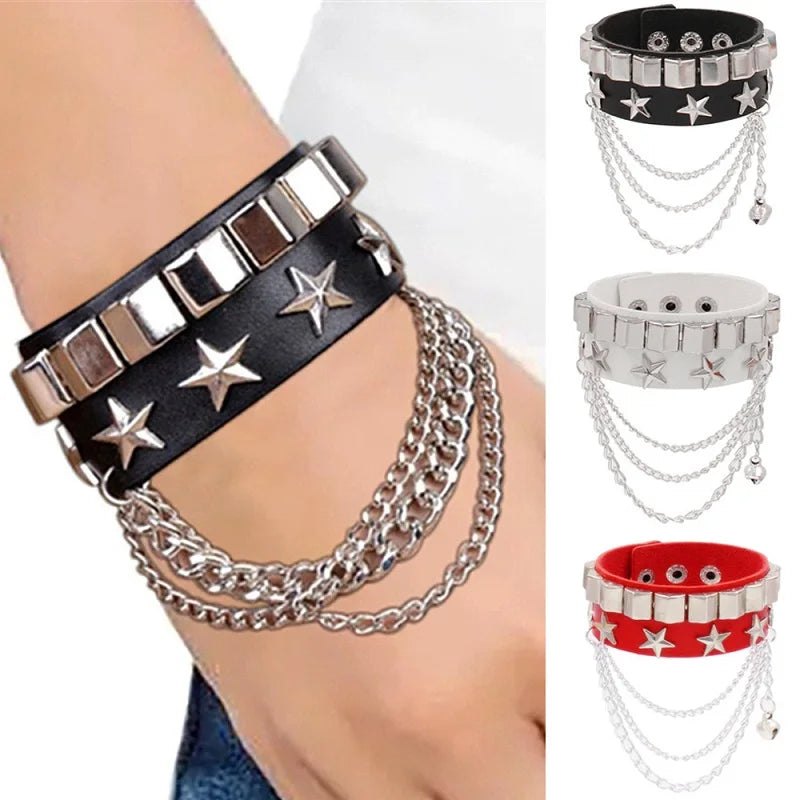 Leather Punk Spike Rock Studded Bracelet Goth Cuff Bracelet Gothic Rivet Buckle Wristband With Metal Chain Skull Accesso - AltBrat