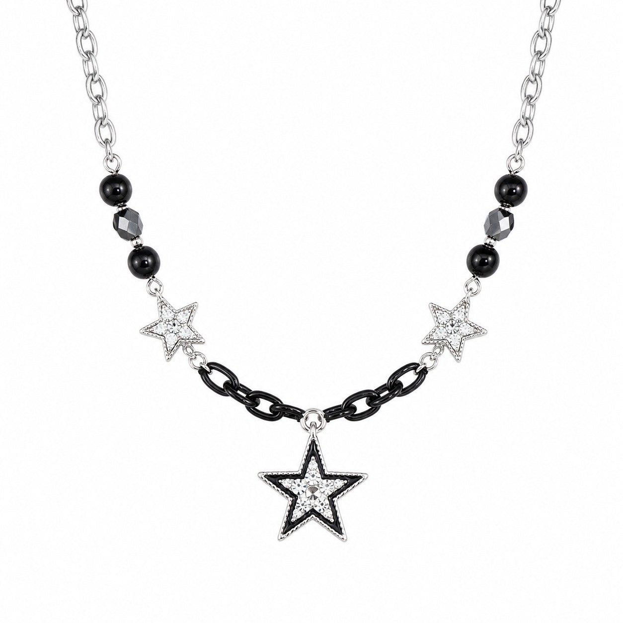 Black Bead & Rhinestone Star Necklace - AltBrat