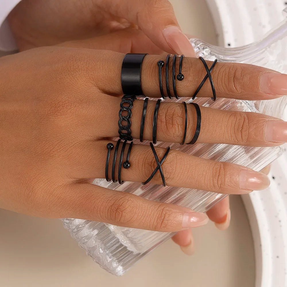Aihua Punk Black Hollow Round Finger Rings for Women Men Vintage Gothic Geometric Cross Finger Ring Set Party Jewelry Gi - AltBrat