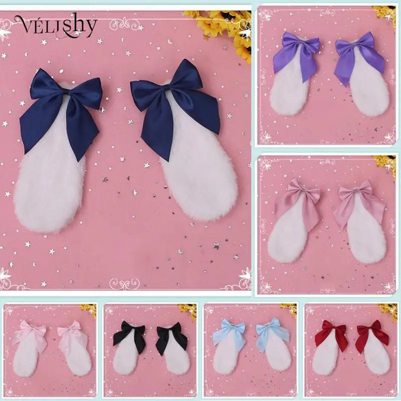 Kawaii Women Girls Hair Clip Cute Rabbit Bunny Plush Lop Ears Hairpin Candy Color Ribbon Bowknot Lolita Cosplay Hair Acc - AltBrat
