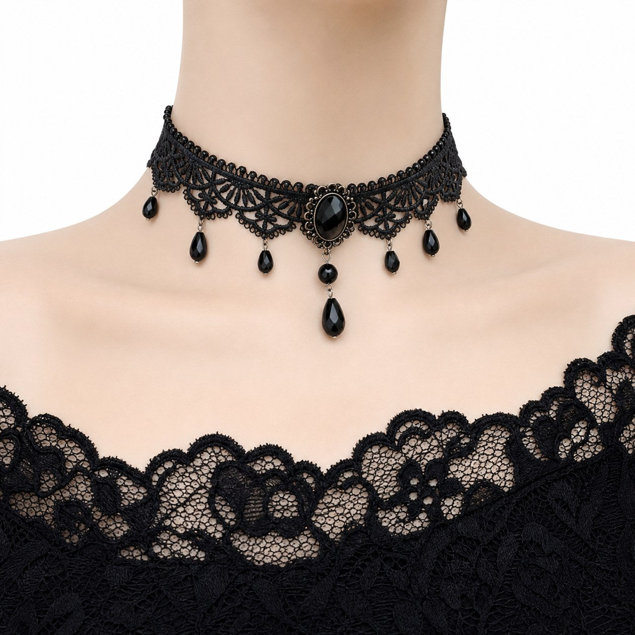 Black Lace Choker with Gem Teardrops - AltBrat