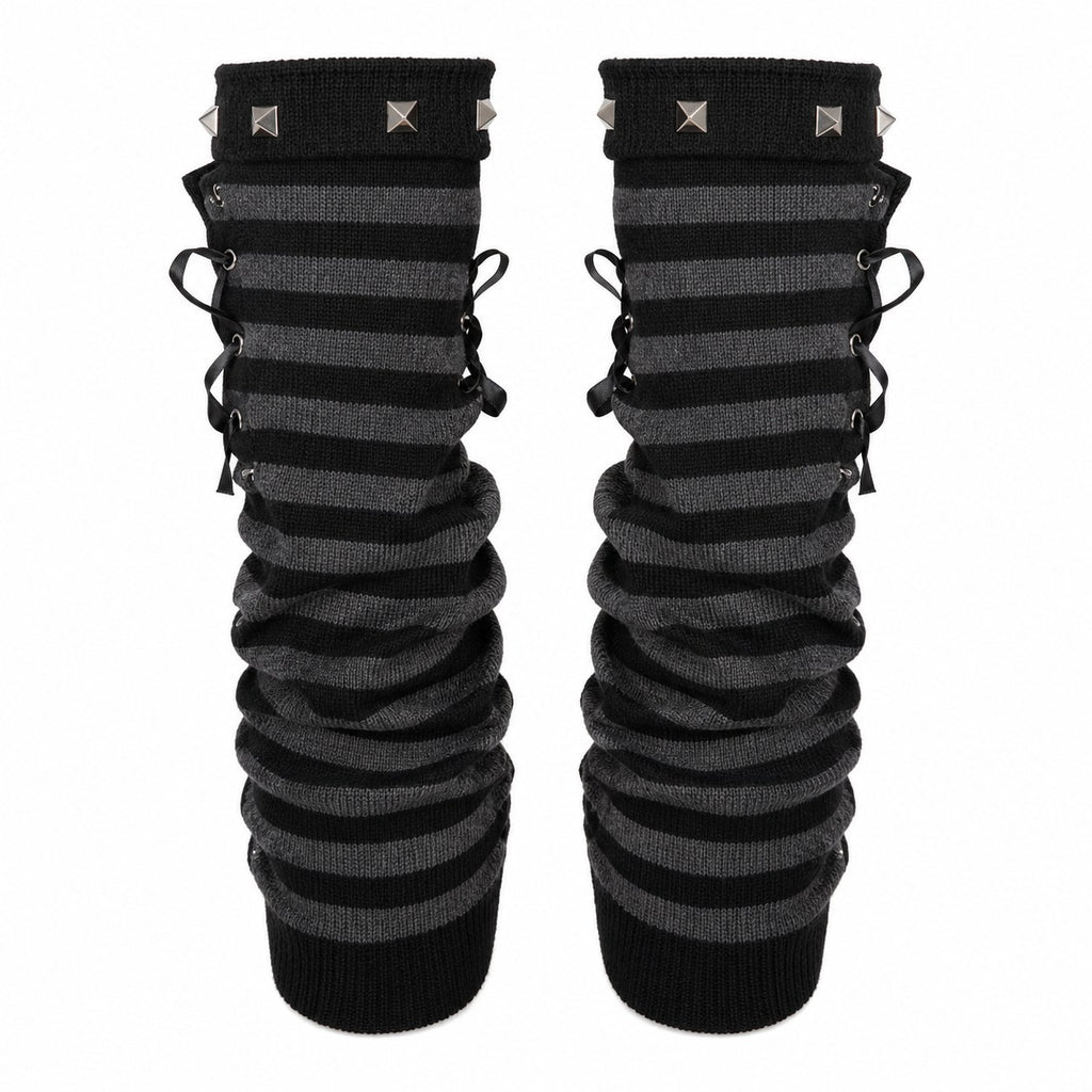 Striped Studded Fingerless Arm Warmers with Pins - AltBrat