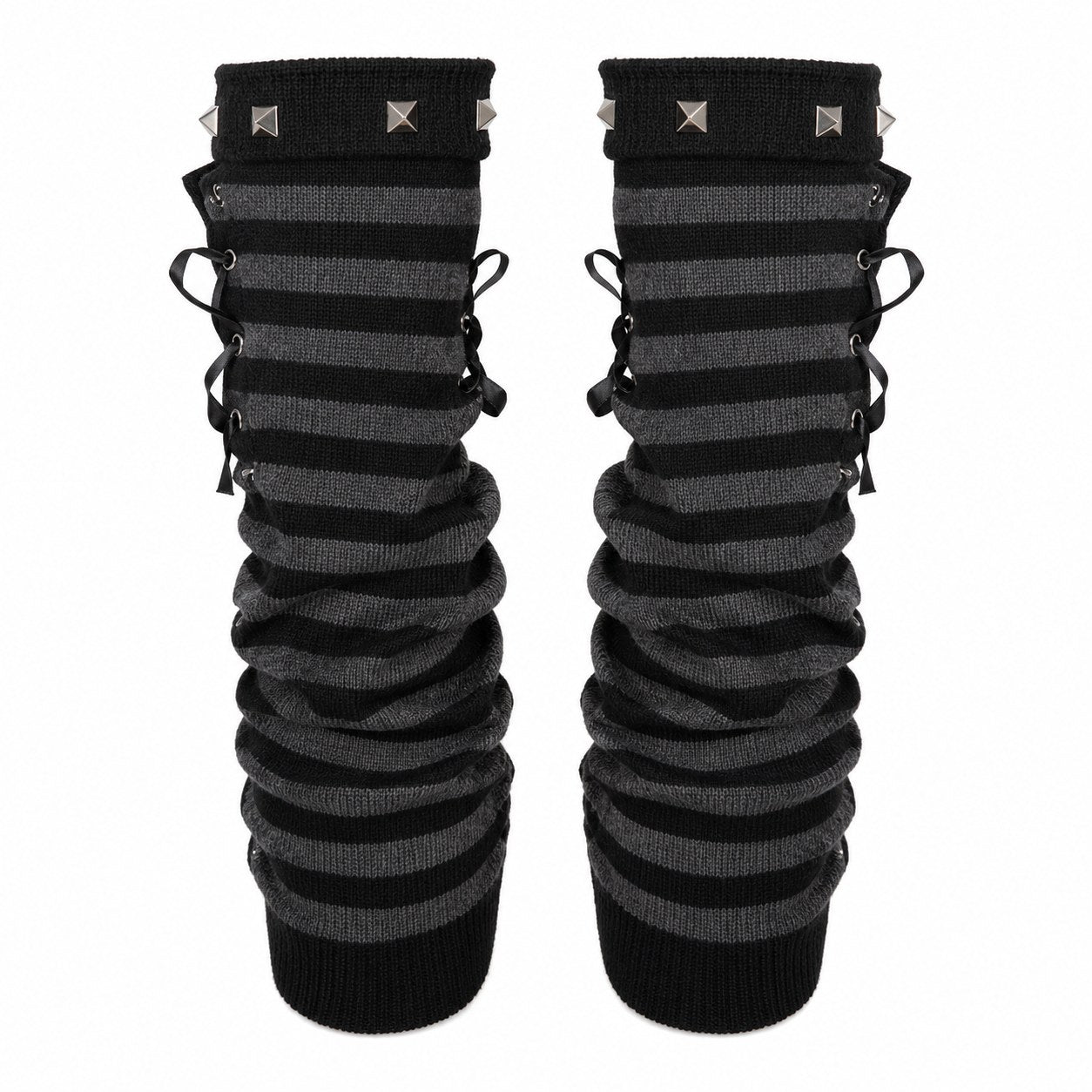 Striped Studded Fingerless Arm Warmers with Pins - AltBrat