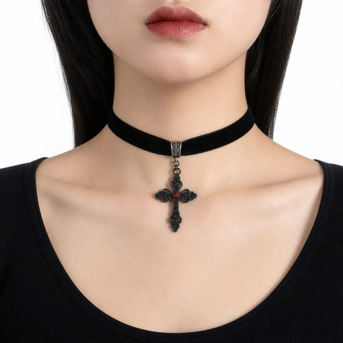 Black Velvet Choker with Filigree Cross - AltBrat