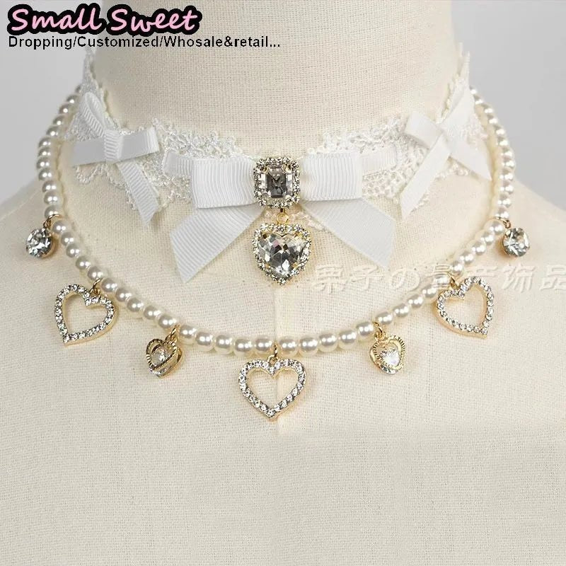 Handmade Choker Necklaces Double Pearl bow love jewelry gemstone sweet Cute Kawaii Collar Lolita Collarbone Chain Ceckla - AltBrat