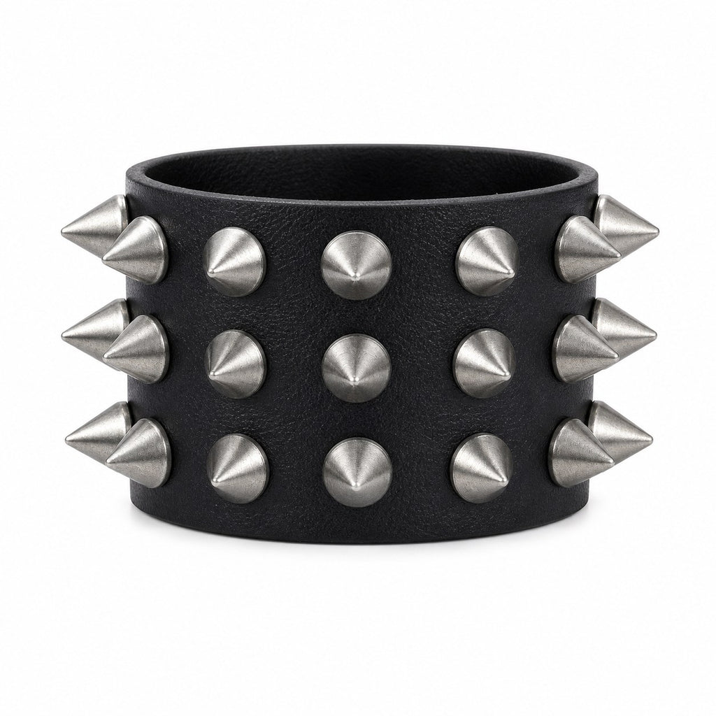 Black Spiked Leather Wide Cuff Bracelet - AltBrat