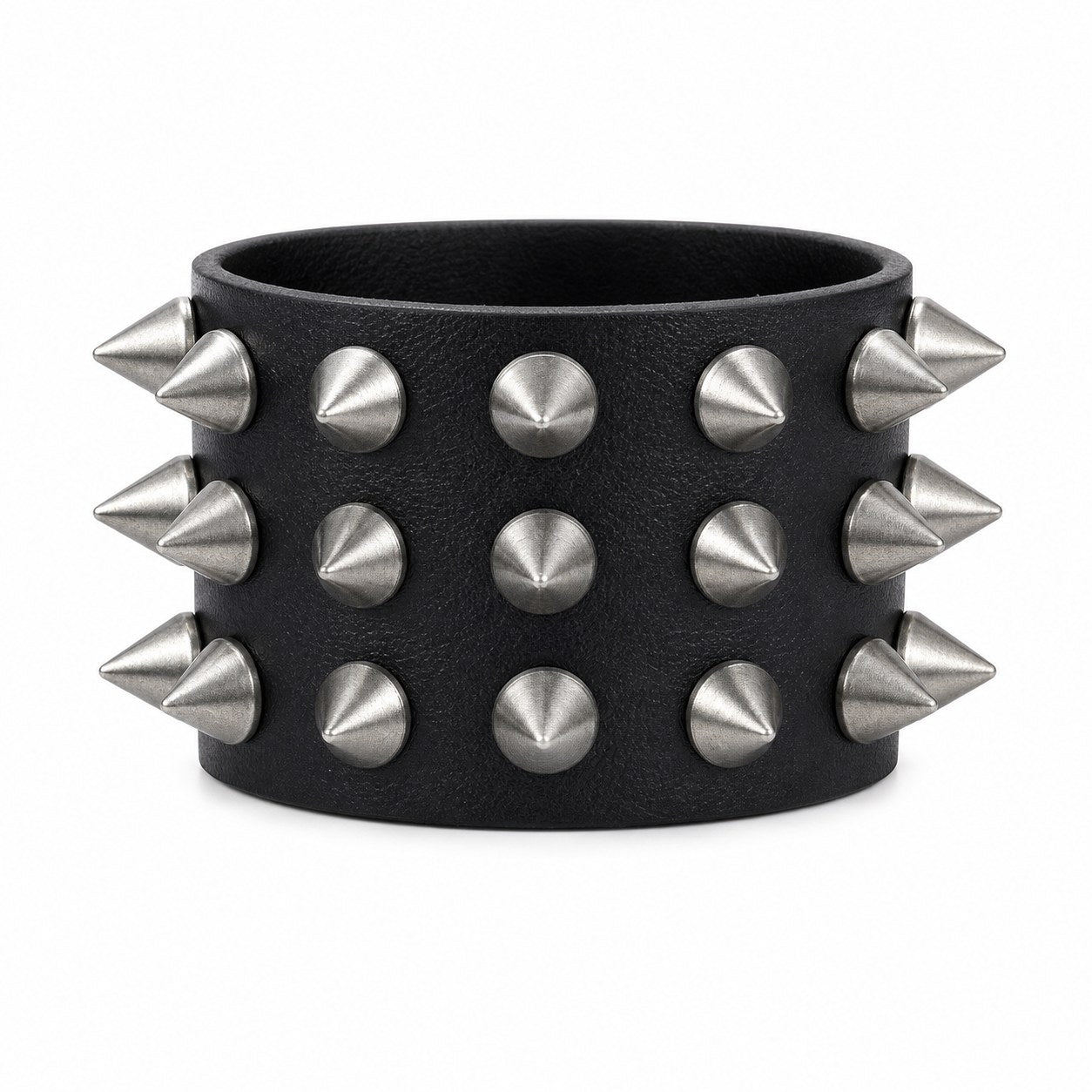 Black Spiked Leather Wide Cuff Bracelet - AltBrat