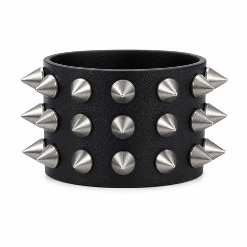 Black Spiked Leather Wide Cuff Bracelet - AltBrat