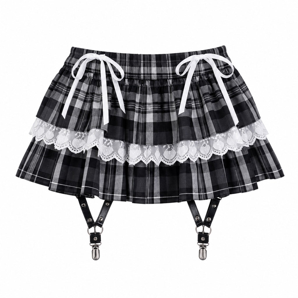 Sweet Y2K Lolita Skirt Set – Knit Off-Shoulder Top & Plaid Mini Skirt - AltBrat