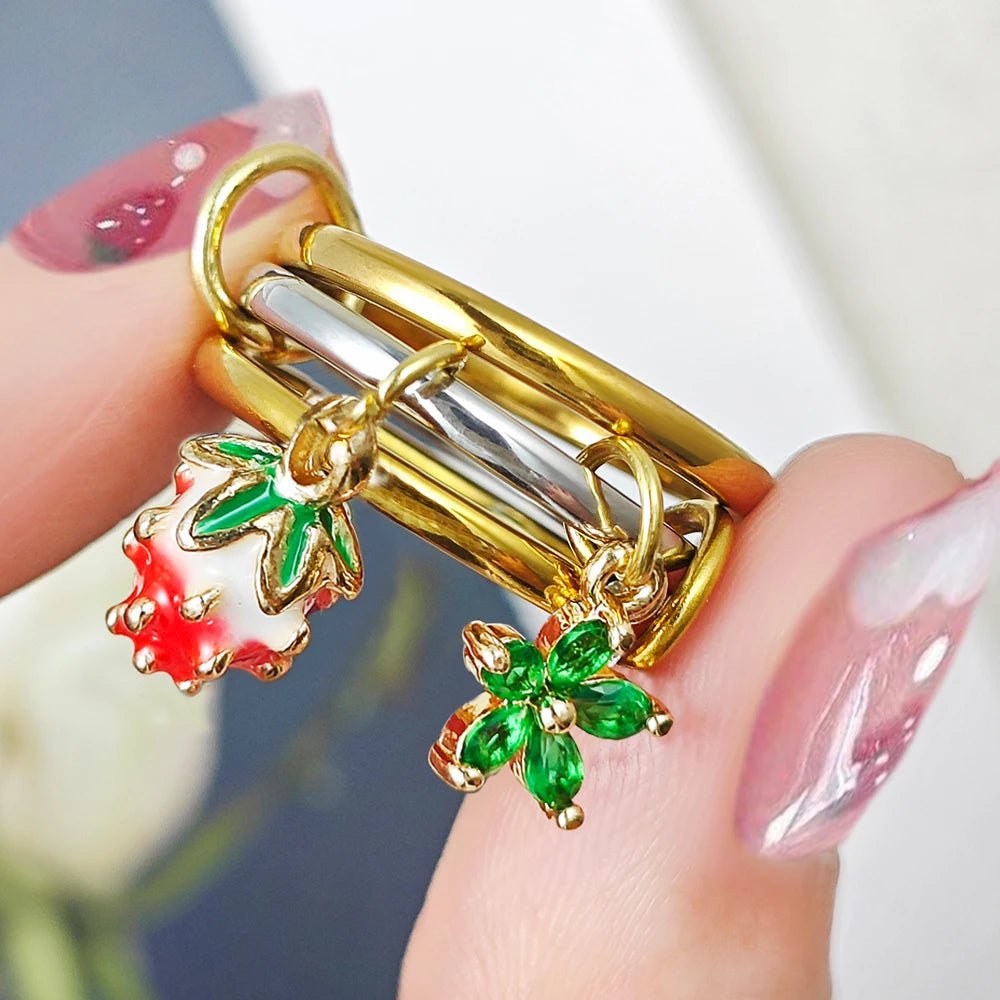 Sweet Strawberry Flower Charm Ring Set For Female INS New Stainless Steel Stacking Spinelli Kilcollin Rings Handmade Y2K - AltBrat