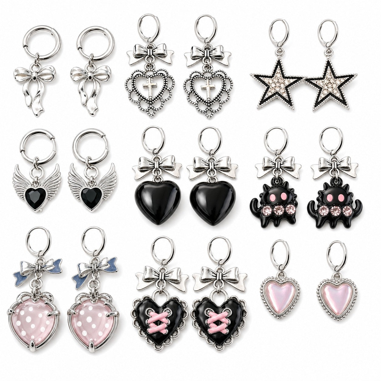 Goth Vintage Cute Bowknot Pink Strawberry Heart Star Pendant Earrings Egirl Gothic 2000s Y2K EMO Rave Jewelry Scene Acce