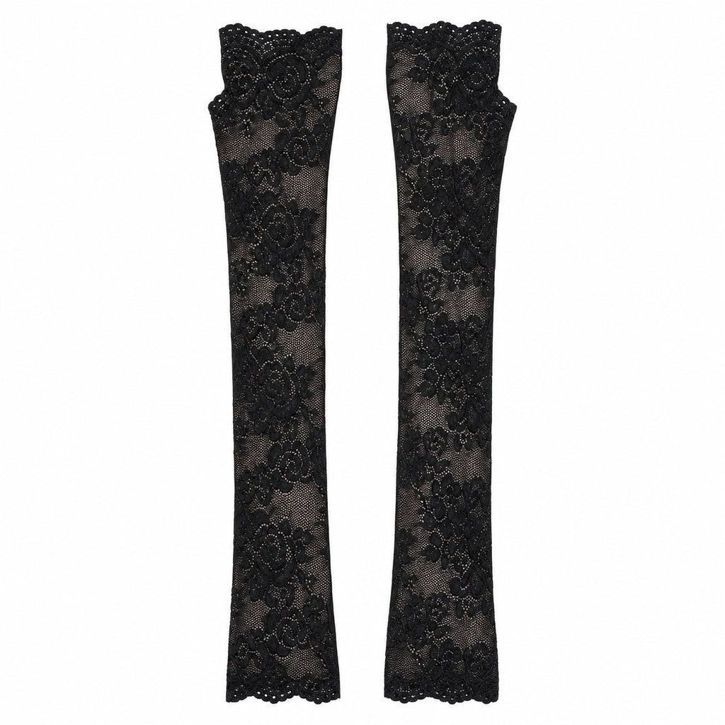 Long Black Floral Lace Fingerless Gloves - AltBrat