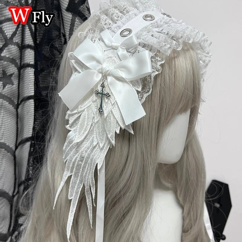 Women's Harajuku Steampunk Y2K Wing Headwear Bow Headband Lolita Gothic Dark Angel Headwear and Hair Accessories - AltBrat