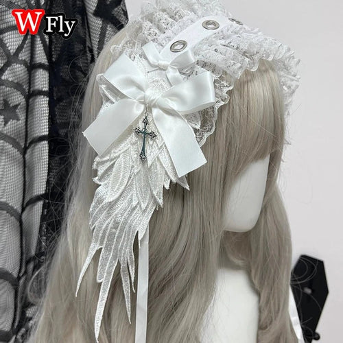 Women's Harajuku Steampunk Y2K Wing Headwear Bow Headband Lolita Gothic Dark Angel Headwear and Hair Accessories - AltBrat