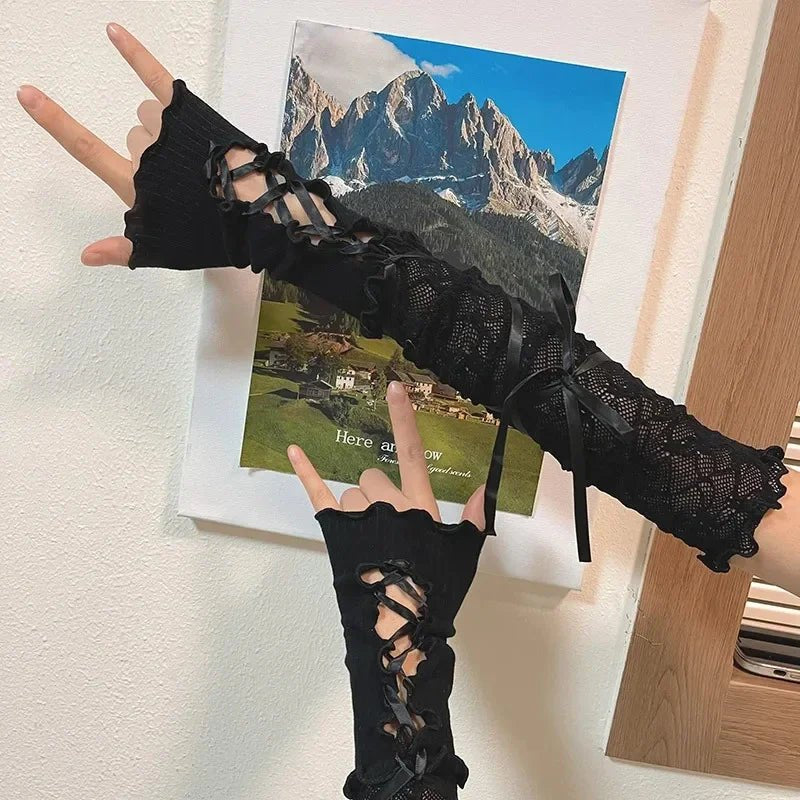 Women Lolita Jk Lace Fingerless Gloves Black Gothic DIY Strapping Sunscreen Sleeve Clothing Accessories Elastic Mesh Pun - AltBrat