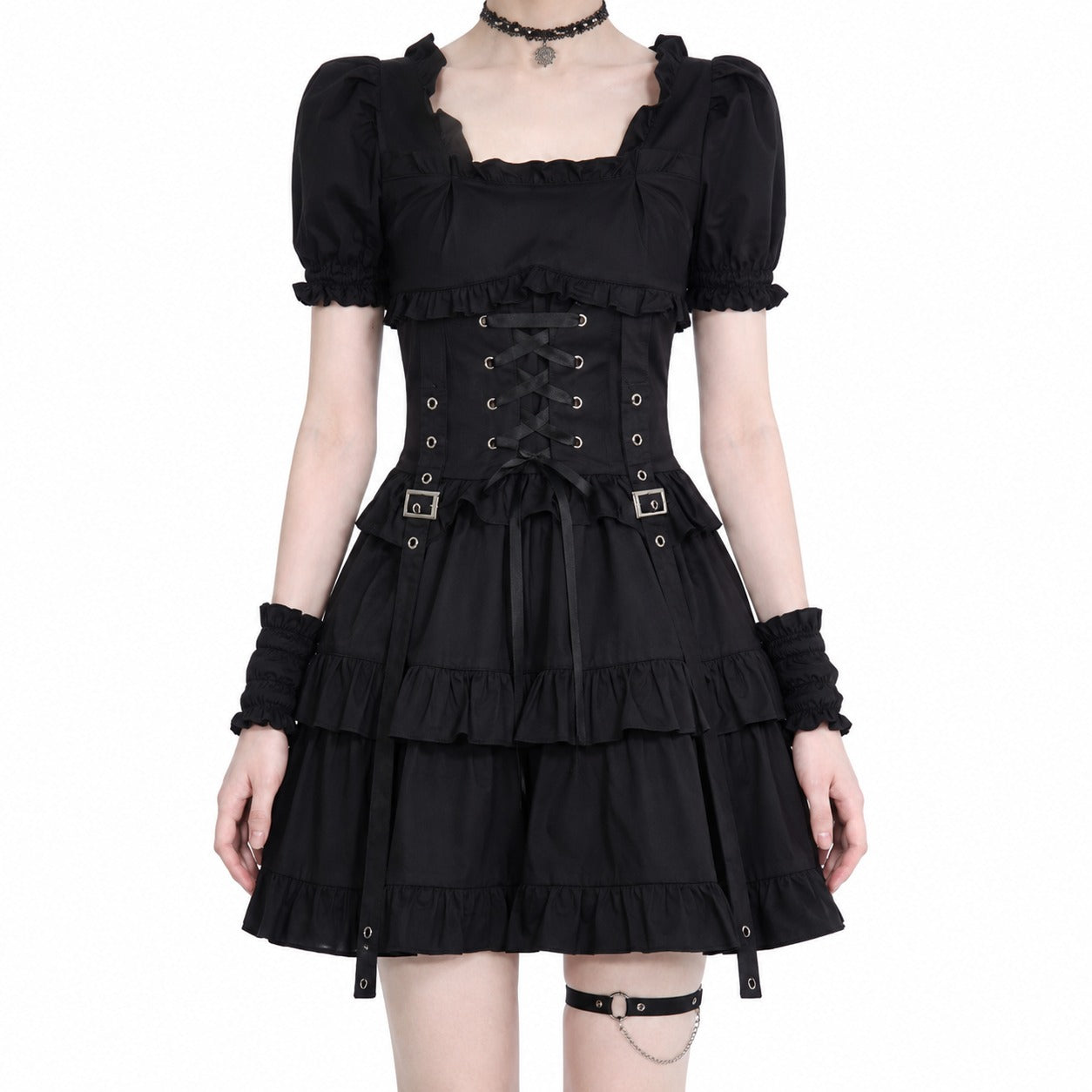 Gothic Lolita Ruffle Lace-Up Dress - AltBrat
