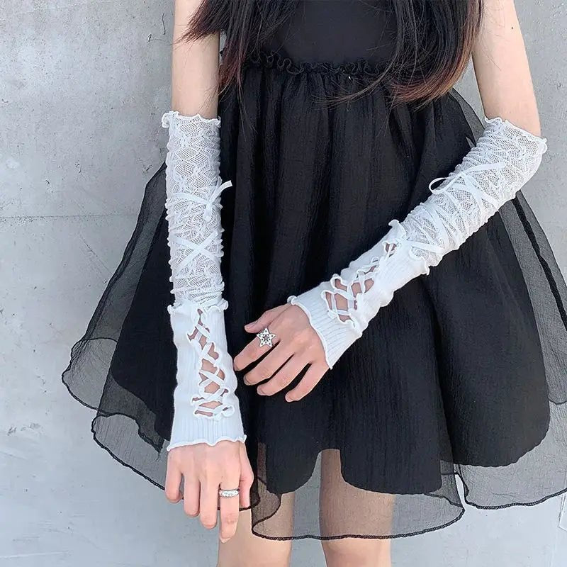 Women Lace Fingerless Gloves Black Gothic DIY Strapping Sunscreen Sleeve Clothing Accessories Elastic Mesh Punk Gloves - AltBrat