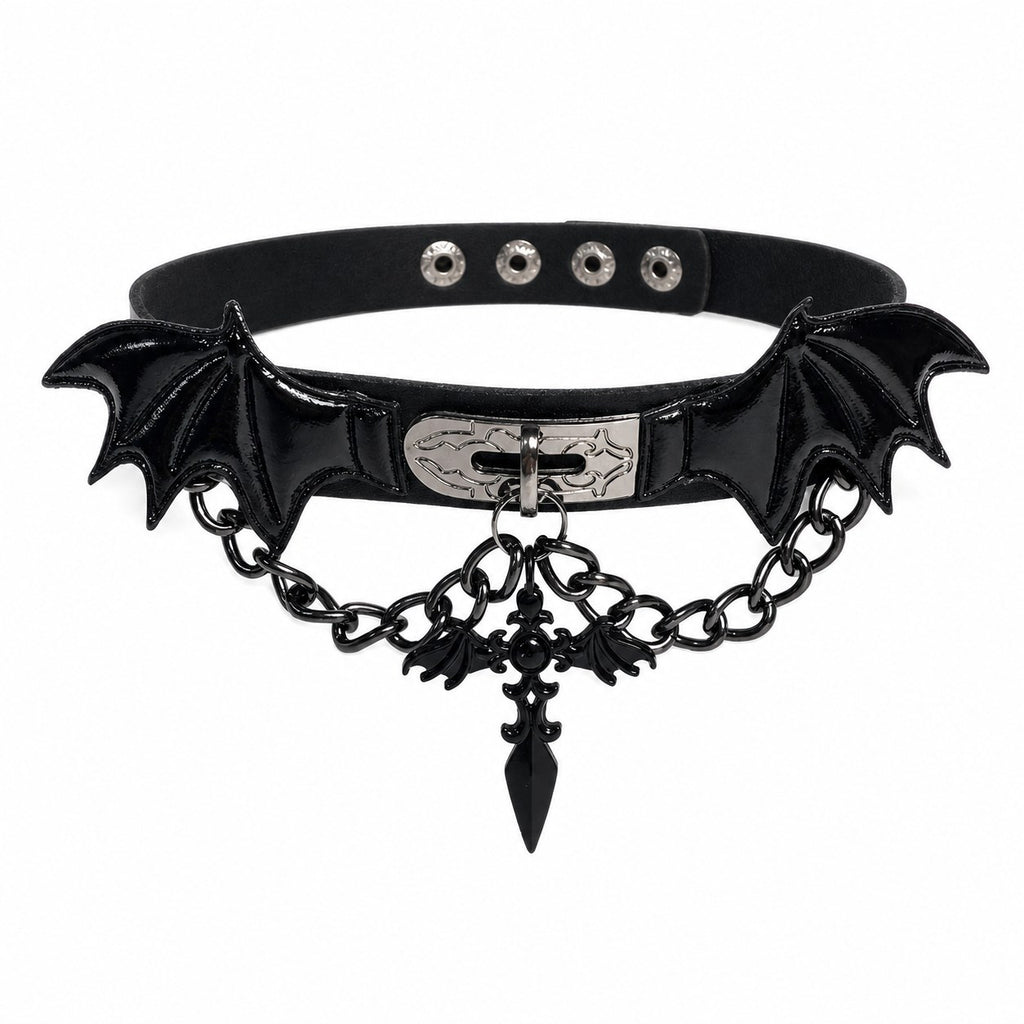Bat Wing Patent Choker with Cross Chain - AltBrat