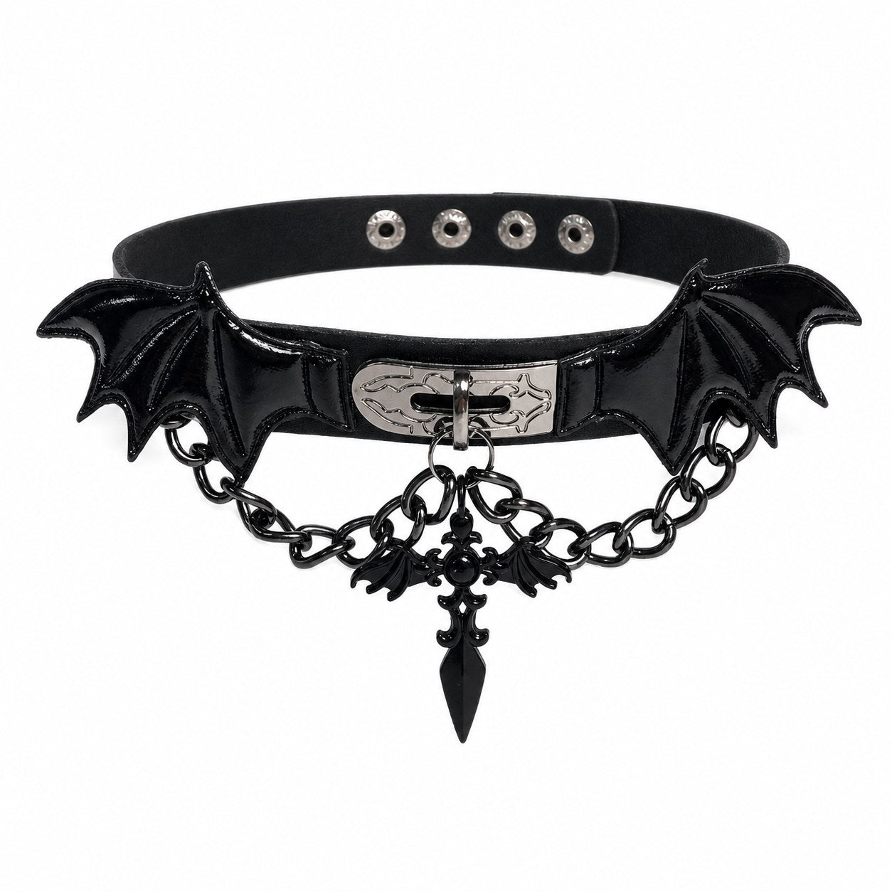 Bat Wing Patent Choker with Cross Chain - AltBrat