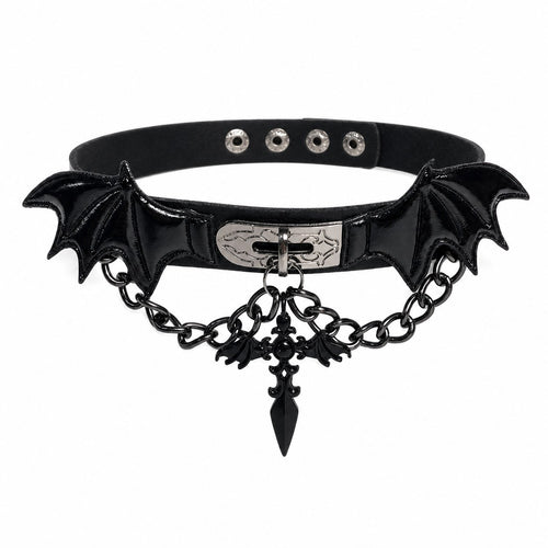 Bat Wing Patent Choker with Cross Chain - AltBrat