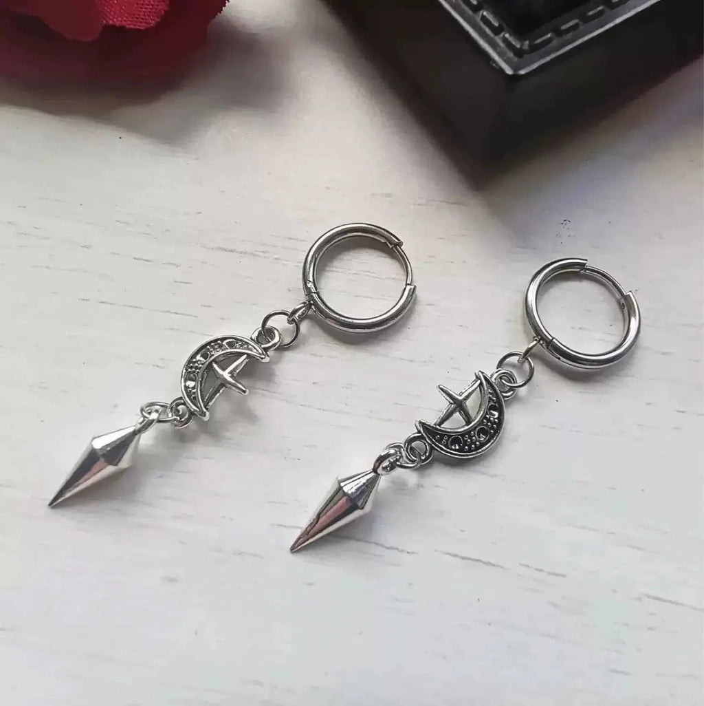 1 pair of punk rock stainless steel pointed star and moon earrings, suitable for women to wear Gothic jewelry accessorie - AltBrat