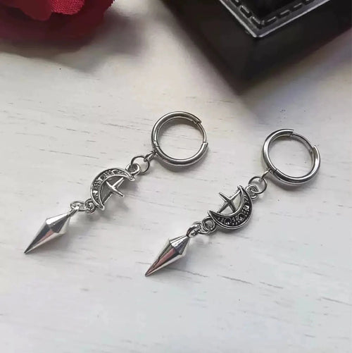 1 pair of punk rock stainless steel pointed star and moon earrings, suitable for women to wear Gothic jewelry accessorie - AltBrat