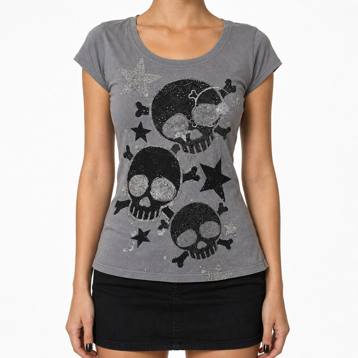 Skull, Crossbones & Stars Print Cap Sleeve Tee - AltBrat