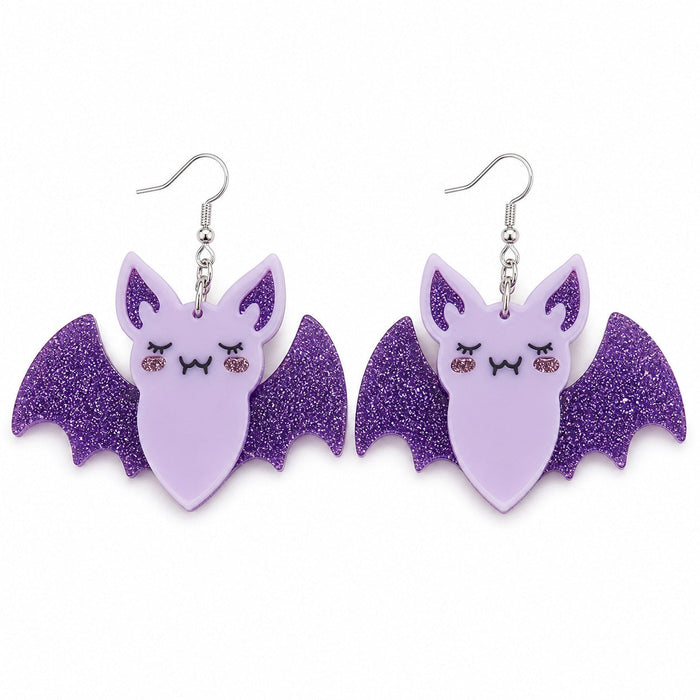 Purple Glittery Spooky Halloween Bat Earrings | Acrylic Spliced Design, Sequin Studs