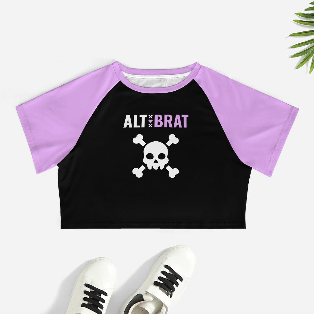 AltBrat skull print raglan crop tee, black and lilac