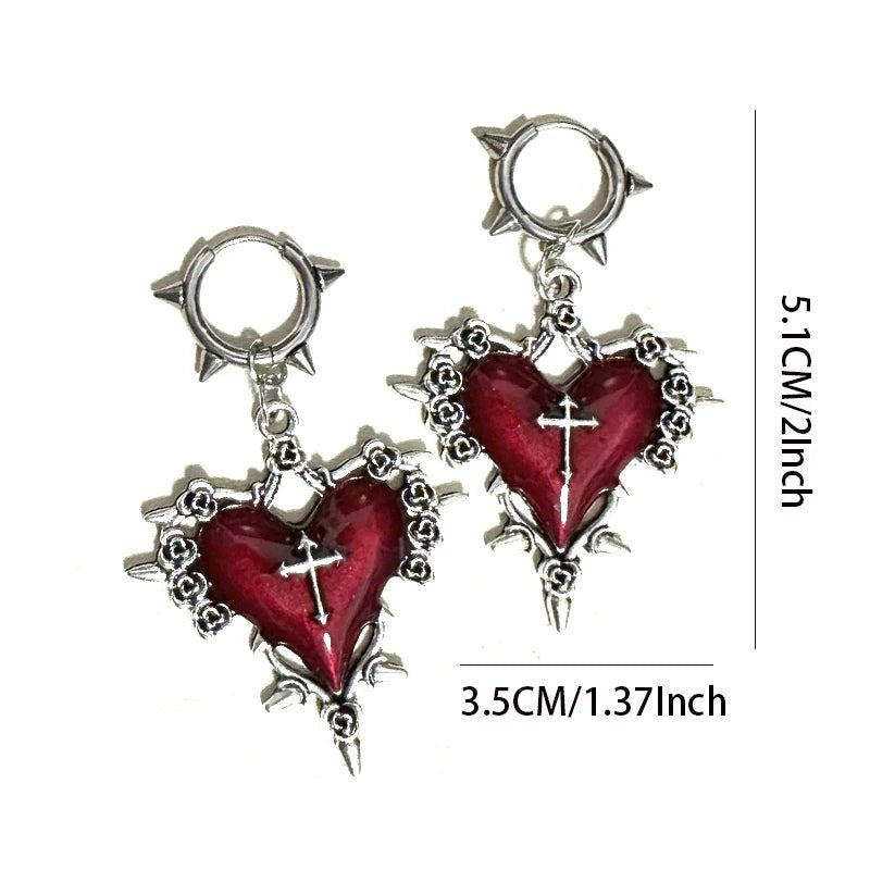 Goth Jewelry Thorns Heart Cross Earrings Red Drip Oil Rose Flower Earrings for Women Punk Charms Accessories Grunge Earr - AltBrat