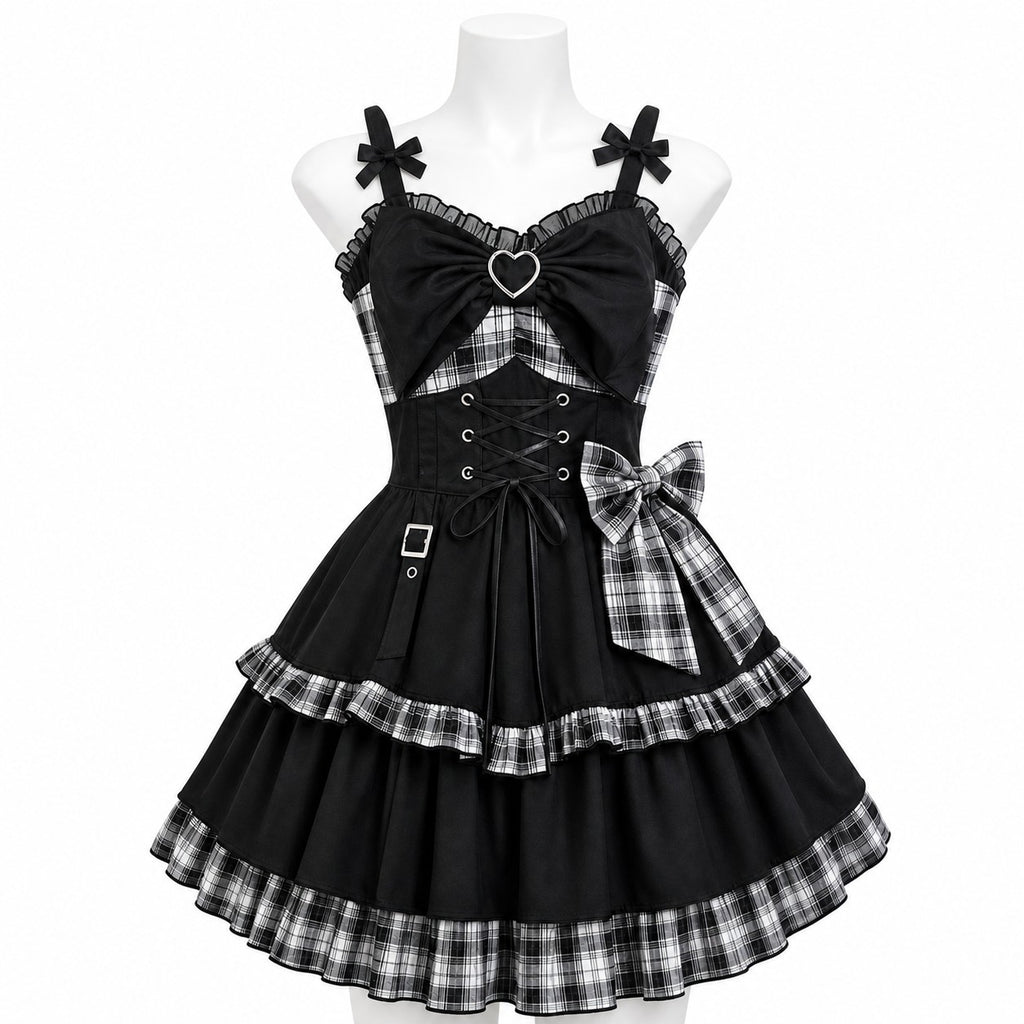 Gothic Punk Lolita JSK Dress – Victorian Plaid Bow Mini Dres worn - AltBrat
