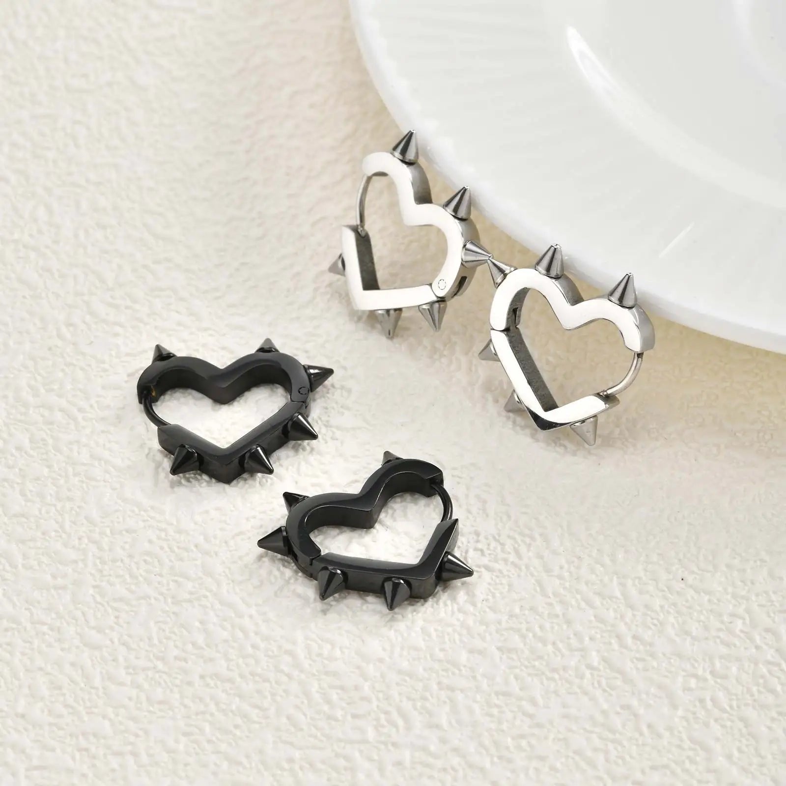 Creative Gothic Punk Rivet Heart Hoop Earrings, Stainless Steel Geometric Piercing Earrings, Unique Cool Jewelry for Par - AltBrat