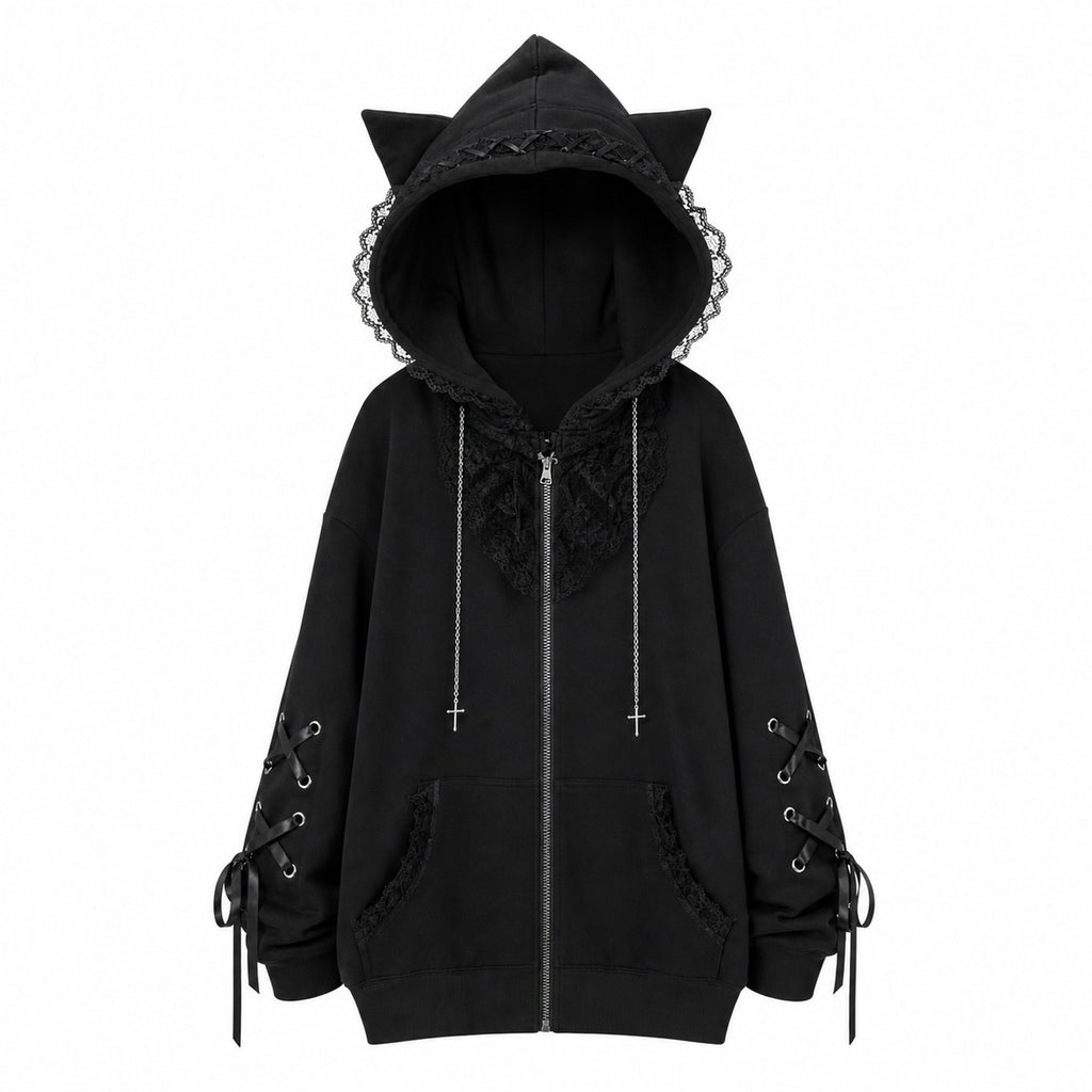 Cat Ear Cross Zip-Up Hoodie with Lace-Up Sleeves - AltBrat