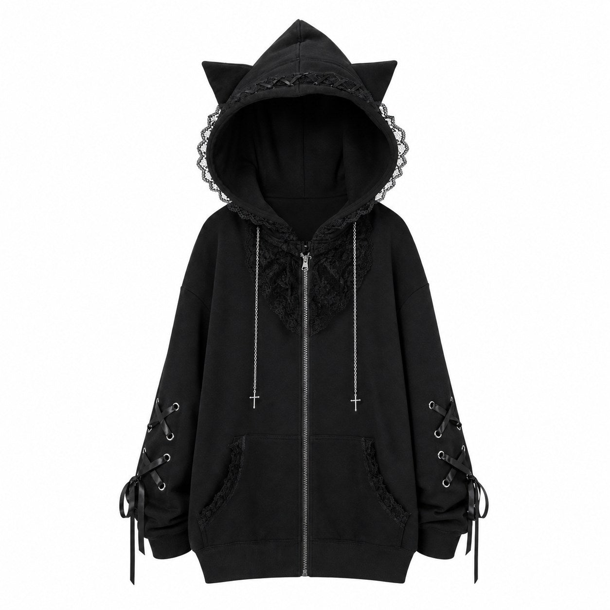 Cat Ear Cross Zip-Up Hoodie with Lace-Up Sleeves - AltBrat