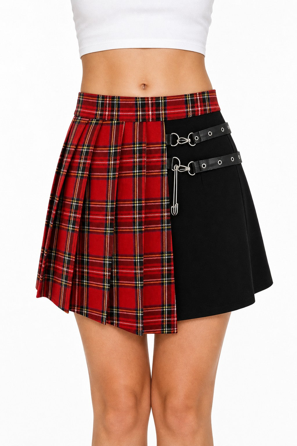 Asymmetric Red Plaid & Black Pleated Skirt - AltBrat