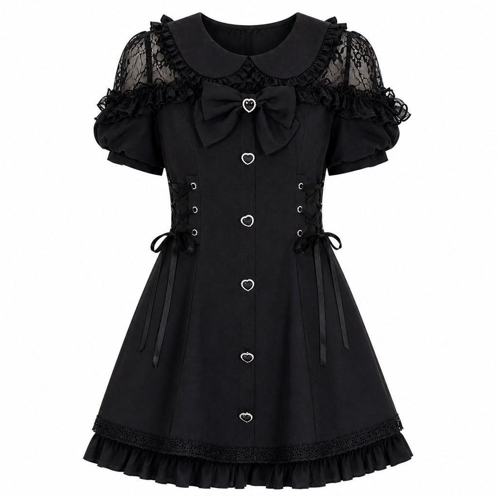 Bow Lace Heart Button Lolita Dress - AltBrat
