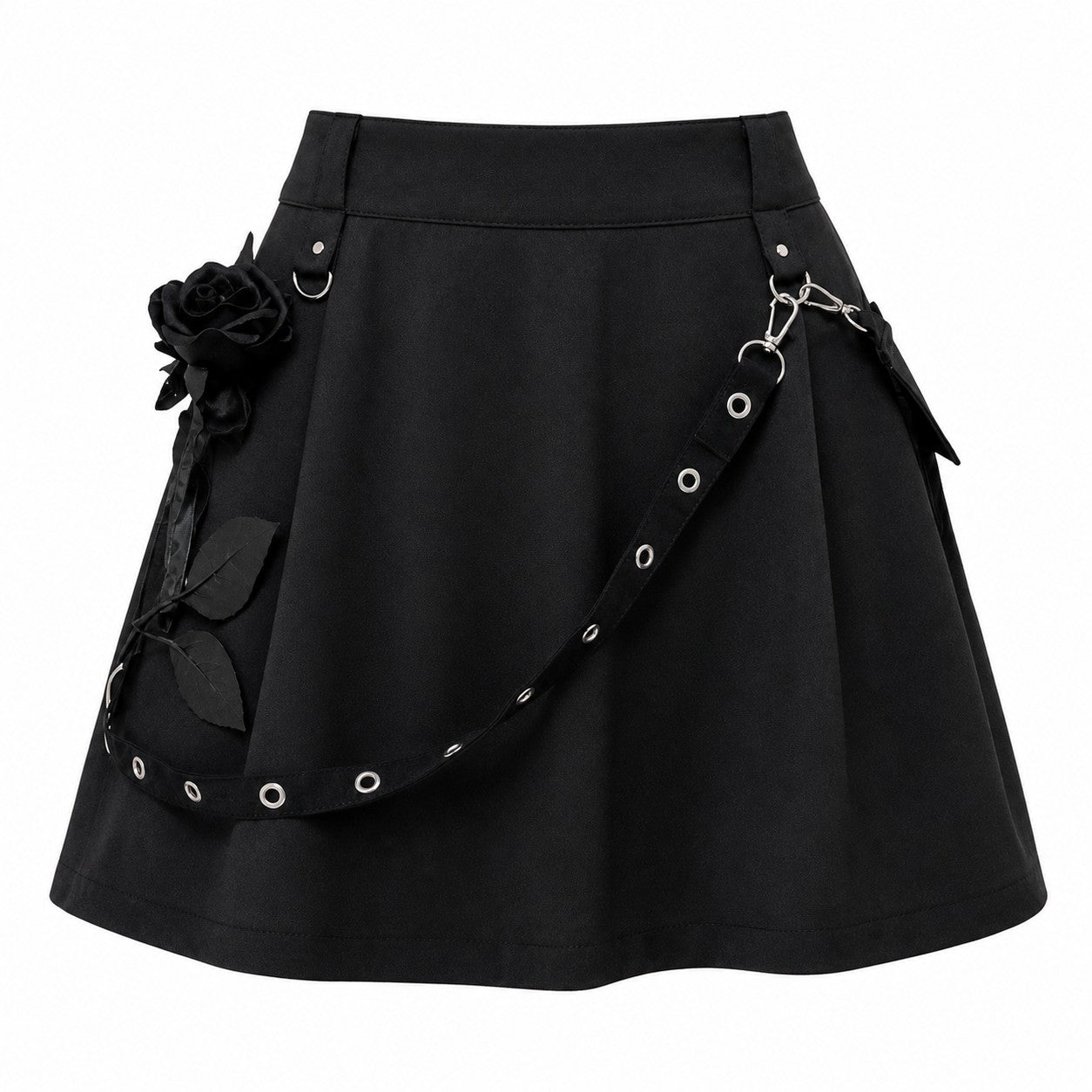 Black Pleated Skirt with Grommet Belt & Rose product - AltBrat