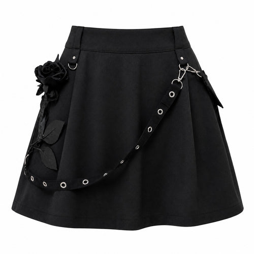 Black Pleated Skirt with Grommet Belt & Rose product - AltBrat