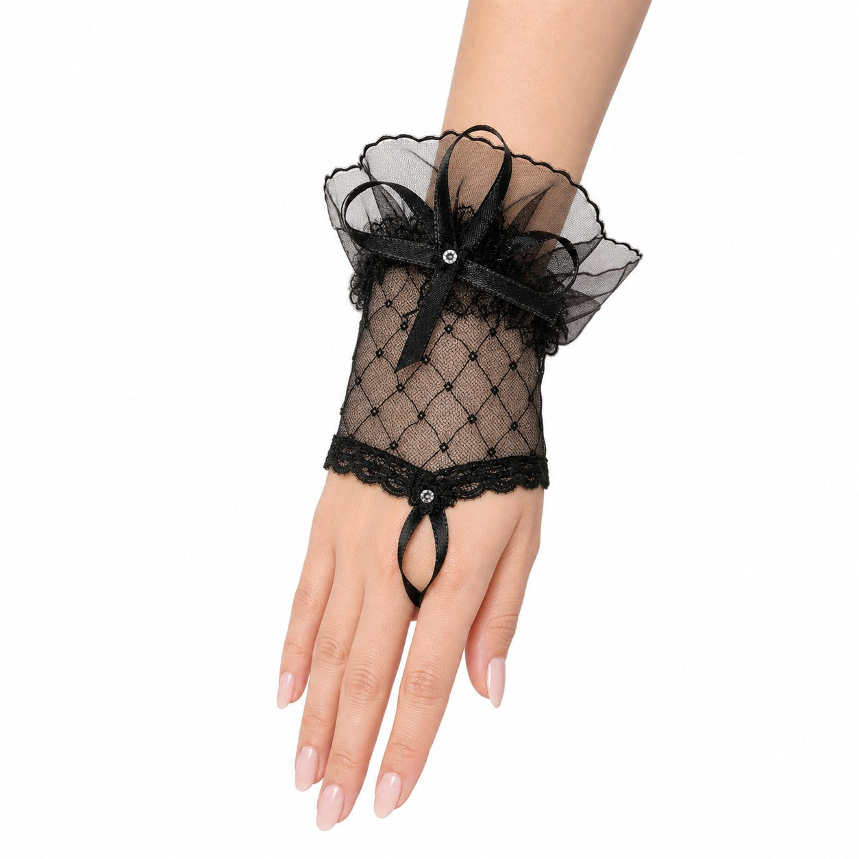 Black Lace Fishnet Wrist Gloves with Bow worn - AltBrat