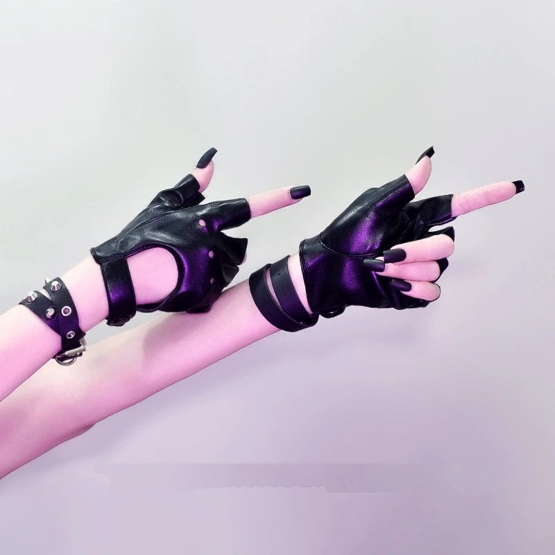 Gothic Half Finger hollow out gloves leather spice punk Lolita Unisex Y2K Harajuku photo cool JK sleeve Cosplay accessor - AltBrat
