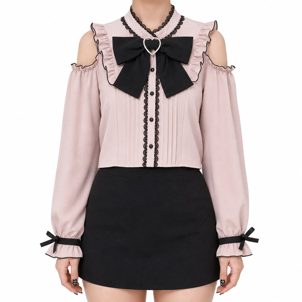 Off-Shoulder Ruffle Lolita Blouse with Heart Bow - AltBrat